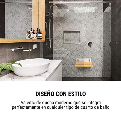 Oneconcept Arielle Deluxe Silla para Ducha - Peso soportado: 160 kg, Mecanismo de Plegado, Asiento de bambú, Suspensión de Aluminio, para Personas Mujeres Embarazadas, Mayores o lesionadas