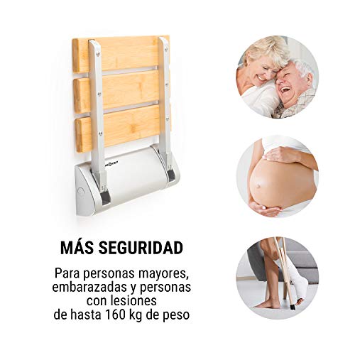 Oneconcept Arielle Deluxe Silla para Ducha - Peso soportado: 160 kg, Mecanismo de Plegado, Asiento de bambú, Suspensión de Aluminio, para Personas Mujeres Embarazadas, Mayores o lesionadas