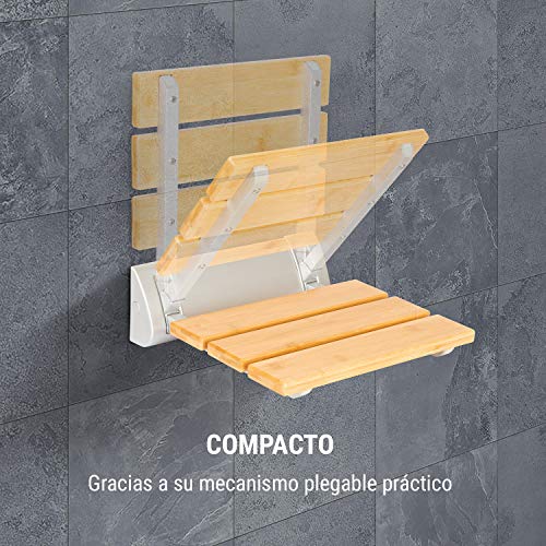 Oneconcept Arielle Deluxe Silla para Ducha - Peso soportado: 160 kg, Mecanismo de Plegado, Asiento de bambú, Suspensión de Aluminio, para Personas Mujeres Embarazadas, Mayores o lesionadas