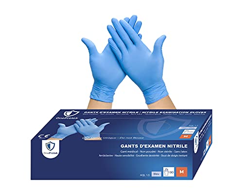 OneProtek - 100 PCS/Caja Guantes nitrilo desechables - Talla M - Azul - Sin látex sin polvo – Resistentes y multiusos - Disponible en caja de 1, 2, 4, 10