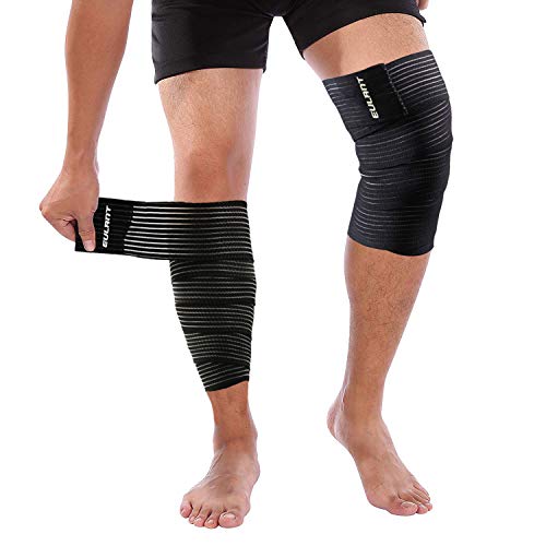 ONTYZZ Vendaje de Rodilla Abrazadera 1 Par Alta Elasticidad Envoltura de Compresión de Muslo para Aliviar Esguince de Dolor Muscular Lesión Deportiva Soporte Envolvente para Pantorrillas Negro/180cm