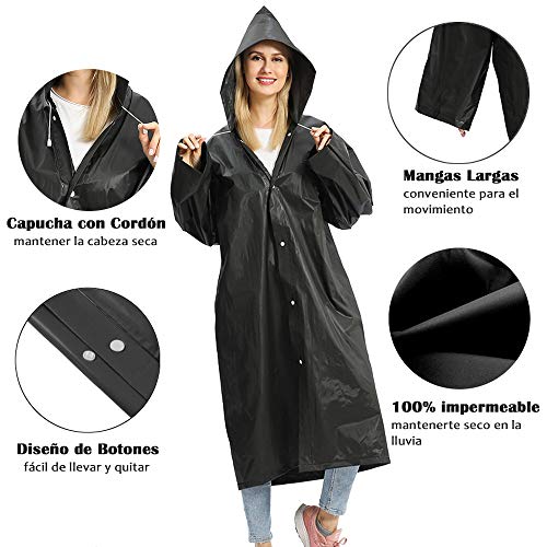 Opret Chubasqueros Impermeable (Paquete de 2), Ponchos Impermeables Capa Lluvia con Mangas y Capucha para Mujer y Hombre, Negro