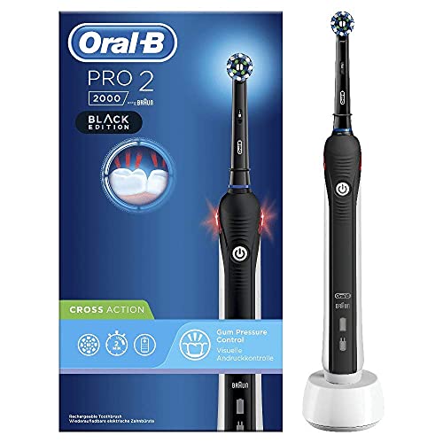 Oral-B PRO 2 2000 CrossAction Cepillo De Dientes Eléctrico, 1 Mango Negro Recargable Con Tecnología De Braun, 1 Cabezal De Recambio, Temporizador Integrado Y Control De Presión