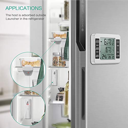 ORIA Termómetro Digital del Refrigerador, Termómetro Inalámbrico para Nevera con 2 Sensores, Termometro Congelador para Interior y Exterior con Pantalla LCD y Audible de la Alarma, Registro MAX/Min