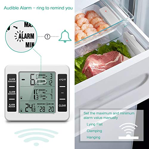 ORIA Termómetro Digital del Refrigerador, Termómetro Inalámbrico para Nevera con 2 Sensores, Termometro Congelador para Interior y Exterior con Pantalla LCD y Audible de la Alarma, Registro MAX/Min