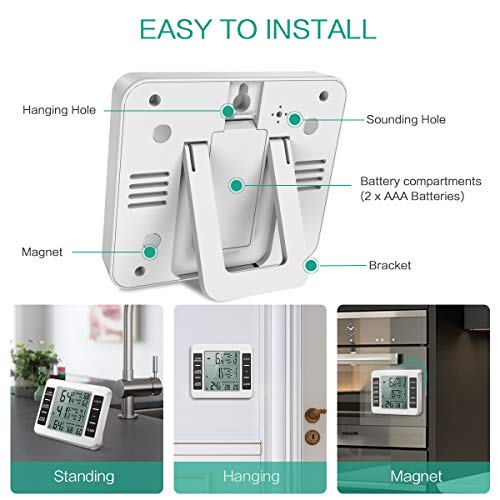 ORIA Termómetro Digital del Refrigerador, Termómetro Inalámbrico para Nevera con 2 Sensores, Termometro Congelador para Interior y Exterior con Pantalla LCD y Audible de la Alarma, Registro MAX/Min