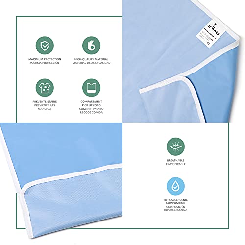 Ortones | Babero Adulto Impermeable | Pack 2 Unidades | Baberos para Mayores Reutilizables 100% PU | Resistentes e Ignífugos | 89 cm de largo x 42 cm de ancho | Color Azul