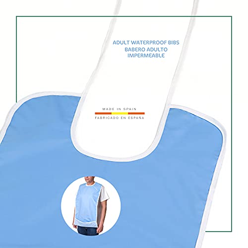 Ortones | Babero Adulto Impermeable | Para Personas Mayores | Reutilizable 100% PU | Resistente e Ignífugo | 89 cm de largo x 42 cm de ancho | Color Azul | Precio por Unidad