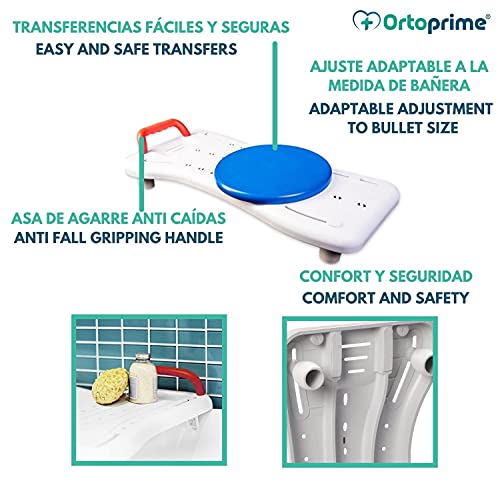 OrtoPrime Asiento Bañera con Disco Giratorio Fácil TRANSFERENCIA - Silla Giratoria Bañera Adulto - Tabla de Baño AJUSTABLE - Banco Baño SEGURIDAD