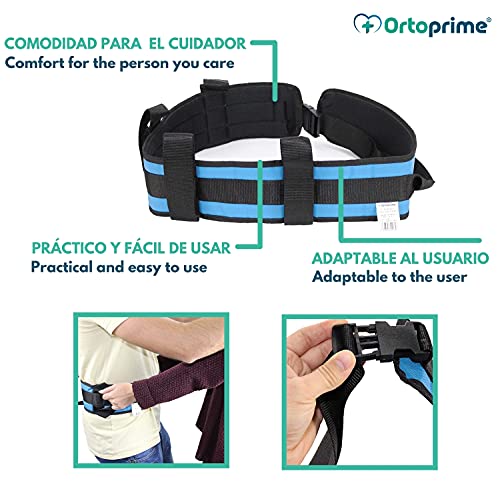 OrtoPrime Cinturón de Transferencia Adultos - Eslinga Lumbar de Transferencia - Cinturón de Seguridad para Ancianos con 4 Asas - Ayuda para Levantarse de Cama Pacientes y Cuidadores