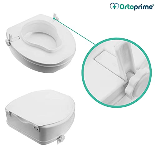 OrtoPrime Elevador WC Adulto Con Tapa - Altura 10 cm - Asiento de Inodoro Ortopédico con cierres Laterales de Seguridad - Alzador WC Universal Adaptable - Alza Inodoro