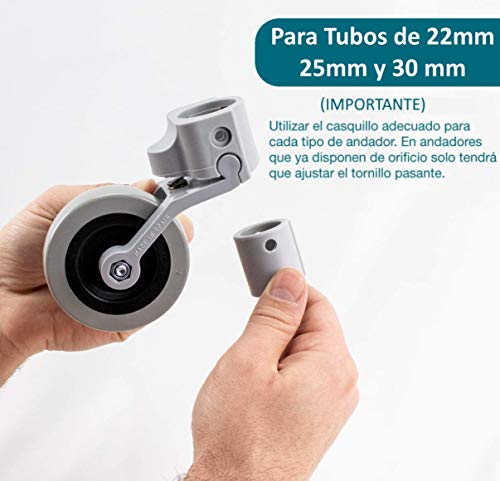 OrtoPrime Kit x2 RUEDAS Andadores Ancianos - Ruedas Traseras Adaptables a Andadores de Adultos - Casquillos Compatibles Tubo de 30mm 25mm y 22mm - Freno a la Carga por Presión y Fácil Instalación