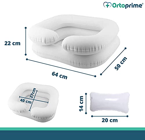 OrtoPrime Lavacabezas Hinchable con tubo de Drenaje - Lavacabezas Portátil Peluquería con Hinchador - Lavabo de Cabello - Bañera Hinchable para Cama y Silla - Kit Completo