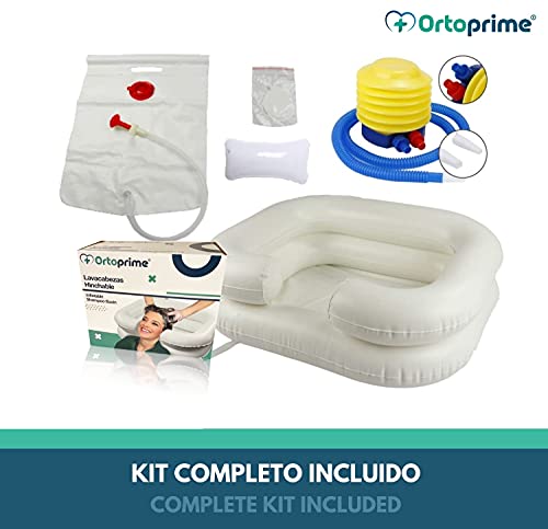 OrtoPrime Lavacabezas Hinchable con tubo de Drenaje - Lavacabezas Portátil Peluquería con Hinchador - Lavabo de Cabello - Bañera Hinchable para Cama y Silla - Kit Completo