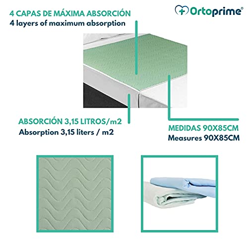 OrtoPrime Pack 2 Empapadores Cama Adultos Lavables Absorbentes 3,15 Litros/m2 - Más de 200 Lavados - Empapadores Impermeables 4 Capas - Empapadores Bebe Protector de cama con Alas 90 x 85