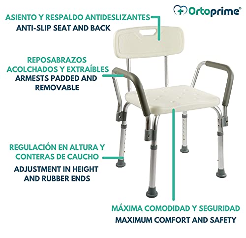 OrtoPrime Silla Ducha con Respaldo Extraible - Taburete Baño Ortopédico Adultos y Niños - Reposabrazos Acolchados - Regulable 8 Alturas - Asiento de Aseo Cómodo y Seguro