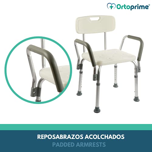 OrtoPrime Silla Ducha con Respaldo Extraible - Taburete Baño Ortopédico Adultos y Niños - Reposabrazos Acolchados - Regulable 8 Alturas - Asiento de Aseo Cómodo y Seguro