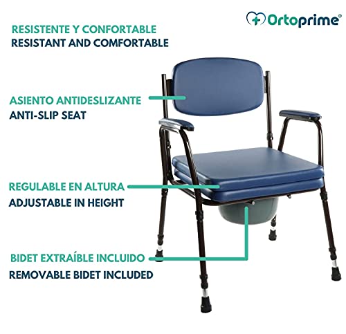 OrtoPrime Silla WC Inodoro ACOLCHADA - Silla Orinal PORTÁTIL Regulable - Váter portátil con Bidet Acoplable - Silla de Baño para Ancianos CÓMODA y RESISTENTE