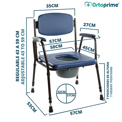 OrtoPrime Silla WC Inodoro ACOLCHADA - Silla Orinal PORTÁTIL Regulable - Váter portátil con Bidet Acoplable - Silla de Baño para Ancianos CÓMODA y RESISTENTE