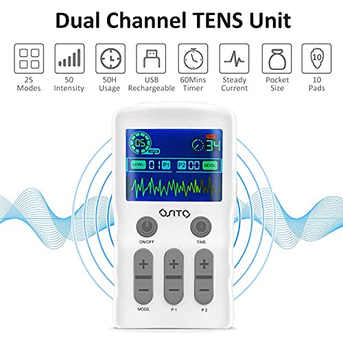 OSITO Tens EMS Electroestimulador Tens - Electroestimulador Digital con 25 Modos&10 Electrodos, Electroestimulador Muscular para Aliviar el Dolor, Masajes, Estimulación Muscular y Electrodos para Tens