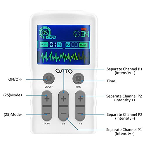 OSITO Tens EMS Electroestimulador Tens - Electroestimulador Digital con 25 Modos&10 Electrodos, Electroestimulador Muscular para Aliviar el Dolor, Masajes, Estimulación Muscular y Electrodos para Tens