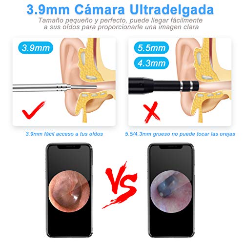 Otoscopio Digital WiFi- OVIFM 3.9mm 1080P HD Endoscopio Oido, Limpieza Cerumen Oído con Soporte para Móvil, Herramienta de Limpieza de Oidos y 6 LED para iPhone/Movil Android/PC