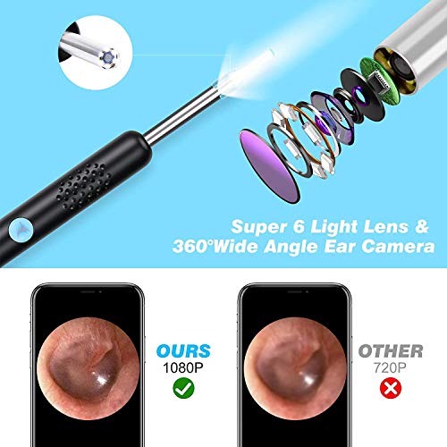 Otoscopio, Endoscopio Camara, 1080P FHD WIFI Limpiador de Oidos con 6LED, Kit de Limpieza de Oídos para Eliminación de Cerumen para iPhone, Tabletas y Android (Negro)