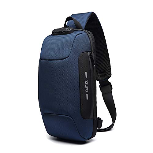 OZUKO Casual Sling Bag, Mochila de Hombro Bolsas de Hombro Impermeable Crossbody Bolsa Sling Pecho Bolsas, Hombres Sport Fitness Chest Bag con Puerto de Carga USB (Azul Oscuro)