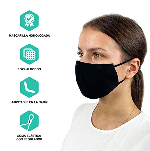 Pack de 3 Mascarillas Reutilizables y Lavables de Tela Algodon Homologadas - Comodas y Respirables - Máscaras Certificadas (1 Negra, 1 Burdeos, 1 Gris)