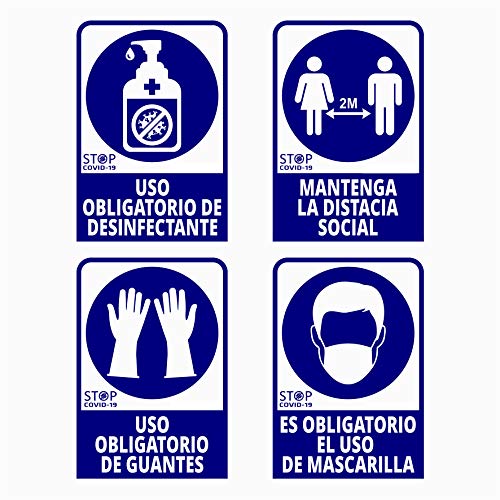 Pack de 4 Pegatinas, Prevención COVID-19, diseñado para empresas, como medida de protección contra el Coronavirus - Carteles prevención de 13 x19cm/und.