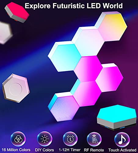 Paneles LED Hexagonal RGB Sincronizar con Música, Luces LED Gaming Pared Control Remoto RF,Micrófono Incorporado,16 Millones Colores Panel LED Empalme Geometría Bricolaje para Dormitorio/Sala,6 Pack