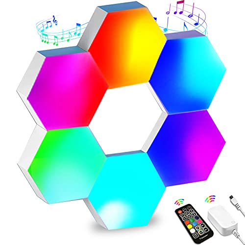 Paneles LED Hexagonal RGB Sincronizar con Música, Luces LED Gaming Pared Control Remoto RF,Micrófono Incorporado,16 Millones Colores Panel LED Empalme Geometría Bricolaje para Dormitorio/Sala,6 Pack