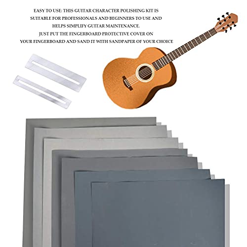 Papel de lija para guitarra de 11 x 9 pulgadas + 10 piezas de juntas (1500-15000), protector de diapasón de guitarra, protectores de trastes, hace que el lijado de trastes de guitarra sea más seguro