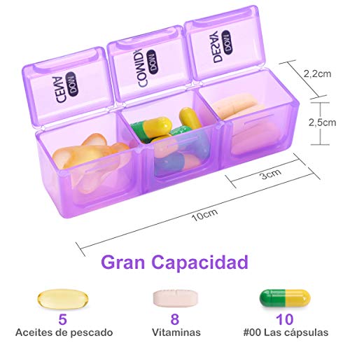 Pastillero Semanal 3 Tomas - BUG HULL Organizador de Medicamentos 7 Dias Pastillero Diario con 21 Compartimentos (Español)