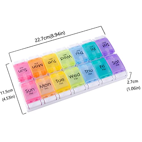 Pastillero Semanal 7 Dias, Organizador Medicamentos con 14 Compartimentos, Dosificador de Comprimidors, Organizador de Vitaminas y Medicinas con Botón de Presión (Multicolor)