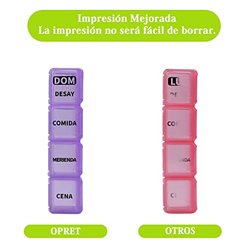 Pastillero Semanal Español 4 Tomas, Opret Dosificador de Comprimidos 7 Dias con 28 Compartimentos Pastillero Diario Perfecto para Viaje