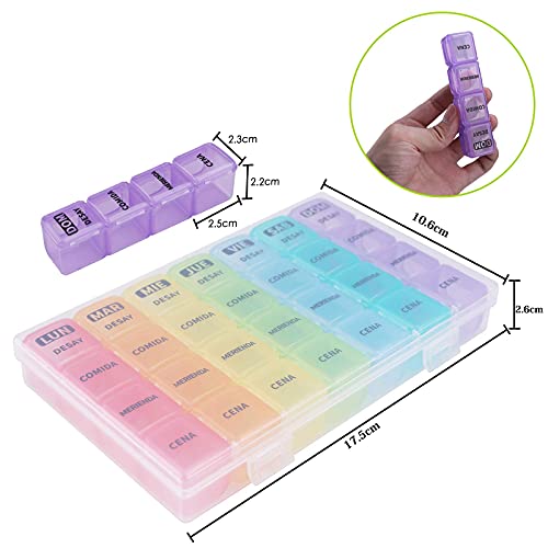Pastillero Semanal Español 4 Tomas, Opret Dosificador de Comprimidos 7 Dias con 28 Compartimentos Pastillero Diario Perfecto para Viaje
