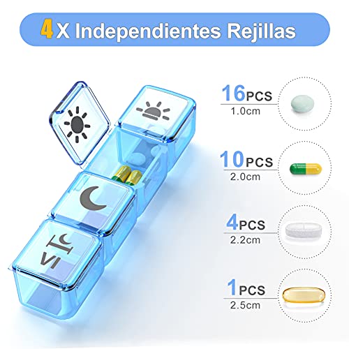 Pastillero Semanal Español 7 Dias, DOHIMGIO PEQUEÑO Organizador Medicamentos 4 Tomas Diaria con 28 Compartimentos (28) (Multicolor)