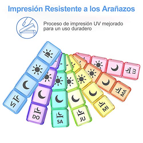 Pastillero Semanal Español 7 Dias, DOHIMGIO PEQUEÑO Organizador Medicamentos 4 Tomas Diaria con 28 Compartimentos (28) (Multicolor)