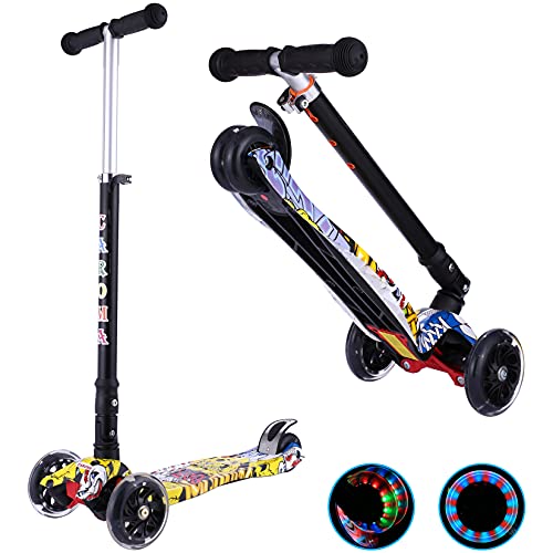 Patinete Scooter Niño 3 Ruedas para 3 a 12 Años de Niñas y Niños,Patinetes Clásicos Plegables,4 Alturas Regulables Escúter,4 Ruedas LED Iluminada,Lean To Steer,Antideslizante Ancho Pedal (Yellow)