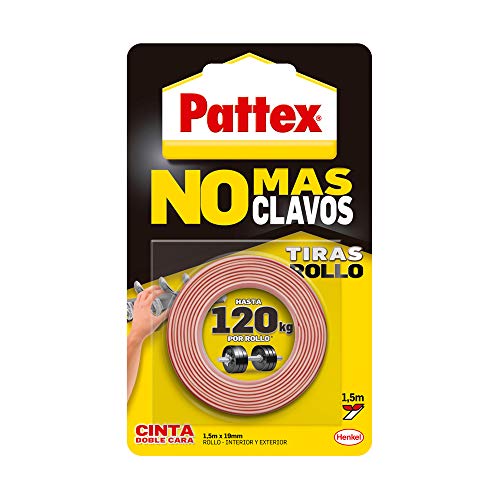 Pattex No Más Clavos Cinta, cinta adhesiva para aplicaciones permanentes, cinta de doble cara extrafuerte, adhesivo de montaje para interior y exterior, 19 mm x 1,5 m