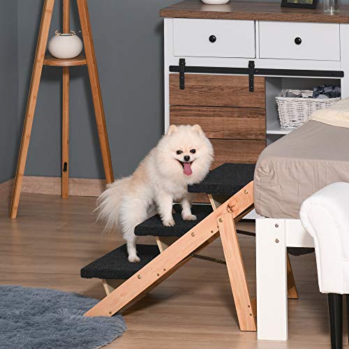 Pawhut Escalera de Madera para Perros Plegable 2 en 1 Rampa para Mascotas Portátil con 3 Escalones para Acceso al Sofá y Cama Alta 60x47x50 cm Negro y Natural