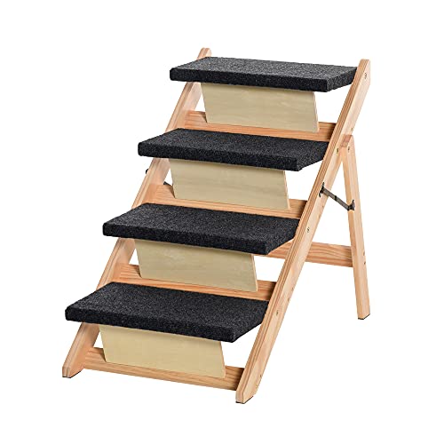 Pawhut Escalera de Madera para Perros Plegable 2 en 1 Rampa para Mascotas Portátil con 4 Escalones para Acceso al Sofá y Cama Alta 80x47x64 cm Negro y Natural