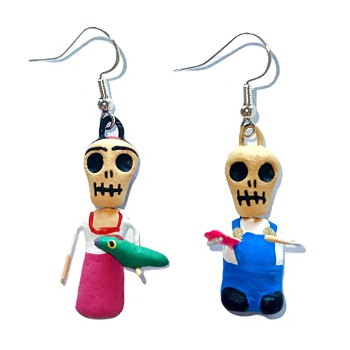 Pendientes artesanales figuras de barro (Frida y Diego)