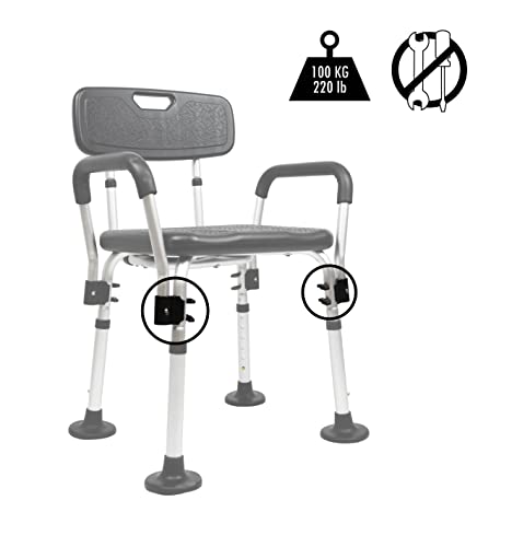 Pepe - Silla de Ducha Reposabrazos, Silla para Baño Antideslizante, Silla para Ducha Asas Altura Regulable, Taburete para Baño con Respaldo, Silla Ducha Personas Mayores, Sin Herramientas (Negra)