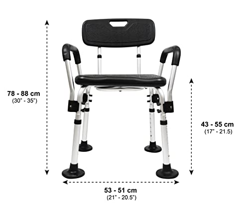 Pepe - Silla de Ducha Reposabrazos, Silla para Baño Antideslizante, Silla para Ducha Asas Altura Regulable, Taburete para Baño con Respaldo, Silla Ducha Personas Mayores, Sin Herramientas (Negra)