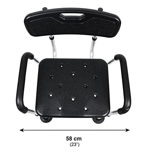 Pepe - Silla de Ducha Reposabrazos, Silla para Baño Antideslizante, Silla para Ducha Asas Altura Regulable, Taburete para Baño con Respaldo, Silla Ducha Personas Mayores, Sin Herramientas (Negra)