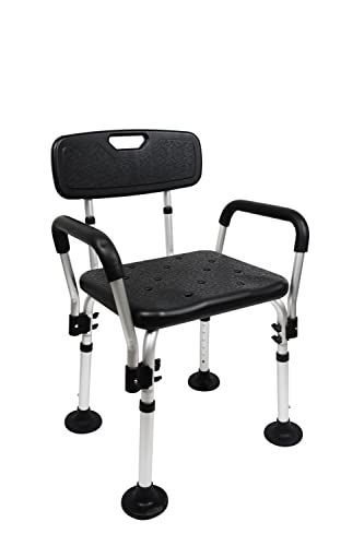 Pepe - Silla de Ducha Reposabrazos, Silla para Baño Antideslizante, Silla para Ducha Asas Altura Regulable, Taburete para Baño con Respaldo, Silla Ducha Personas Mayores, Sin Herramientas (Negra)