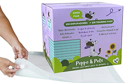 Peppo and Pets -100 empapadores para Entrenar Cachorros - empapadores para Perros - 6 Capas - Súper absorbentes- 60 cm x 60 cm- Secado rápido