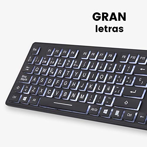 Perixx PERIBOARD 317ES, Teclado estándar con retroiluminación, Letras Impresas en Grande, QWERTY Español, Negro